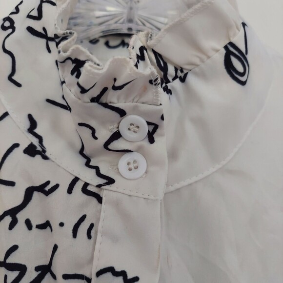 FHQ Womens M Shirt Script Top Ruffle Collar Button Front Poet Sleeves White - Picture 3 of 12